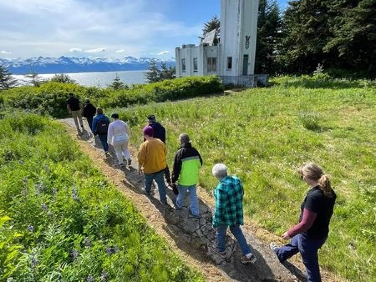 a group of people walking on a grassy hill